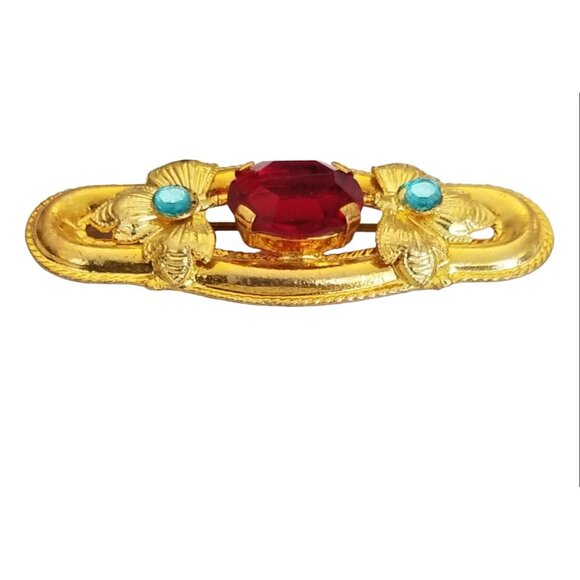 Czech Gold Tone Art Nouveau-style Red Prong Set Rhinestone Bar Brooch, M969 - Picture 2 of 8